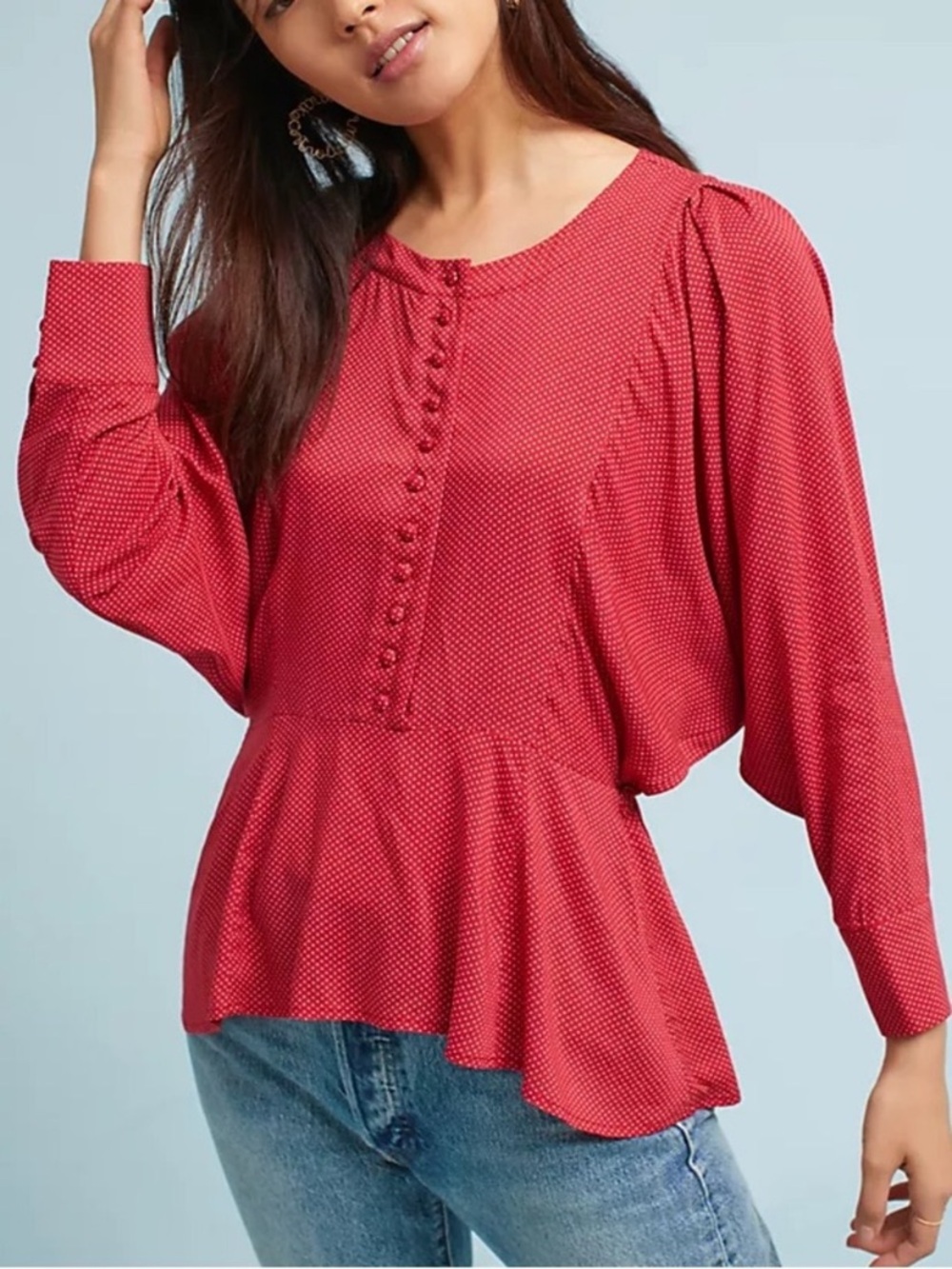 ANTHROPOLOGIE MAEVE RED DOT PEPLUM PEASANT TOP FLOWY BOHO BLOUSE SIZE MEDIUM